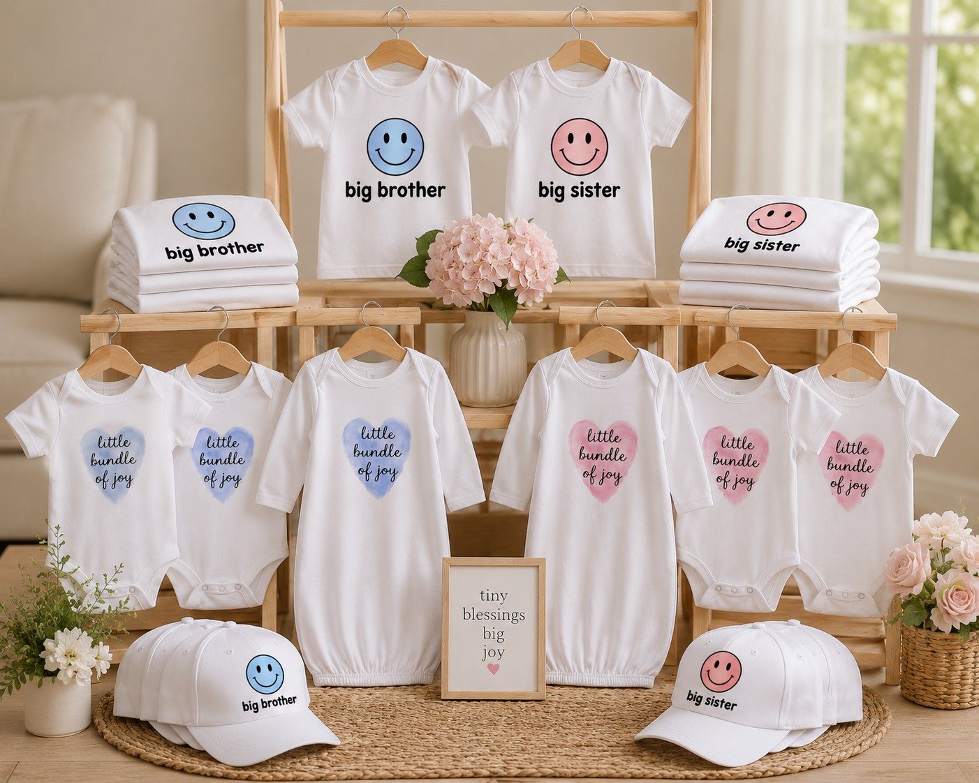 Amy Catherine Designs big brother and big sister onesies and caps on a wooden rack by a window