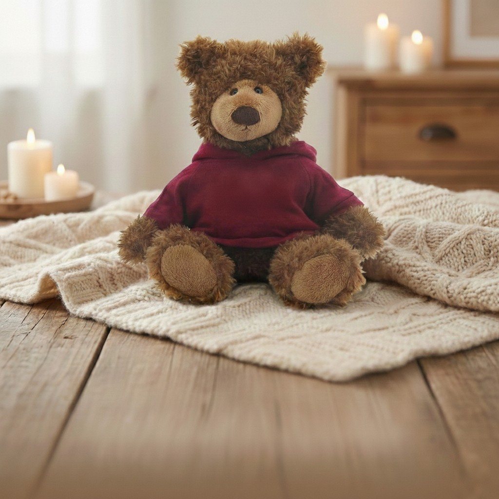 A Plushland teddy bear in a maroon hoodie on a knit throw, with candles glowing behind