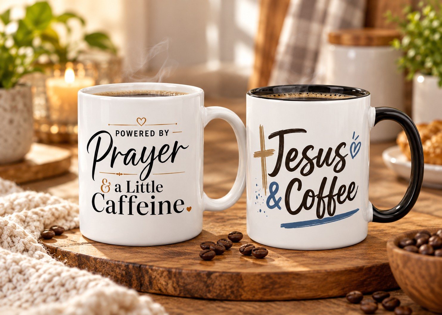 Sip Encounters Powered by Prayer and Jesus & Coffee mugs on a wooden board with coffee beans