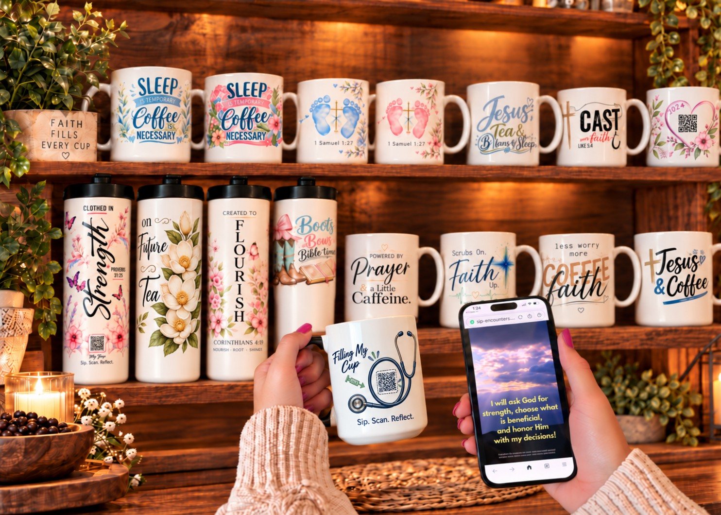 Sip Encounters mugs and tumblers faced out on warm wooden shelves, with a hand holding a mug beside a phone