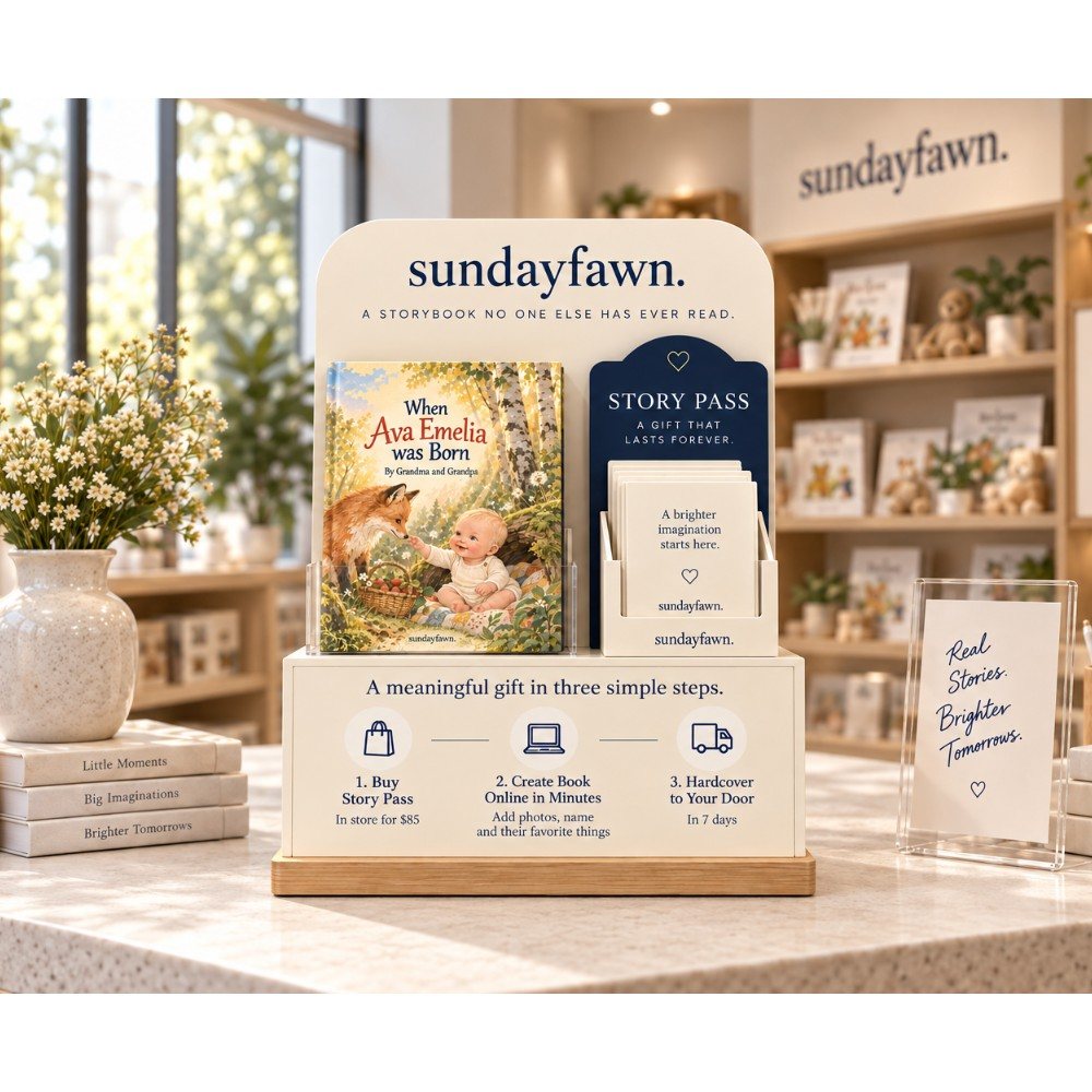 A Sundayfawn counter display of storybooks and Story Pass cards in a bright gift shop