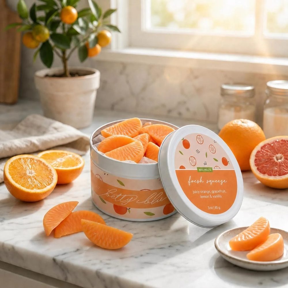 Betty Blu Fresh Squeeze wax melts in an open tin, with oranges on a marble counter