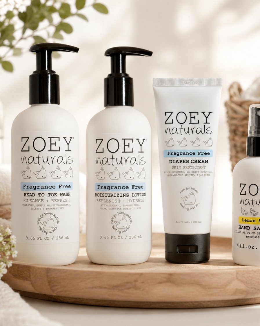 Zoey Naturals bottles on a round wooden tray in a bright nursery