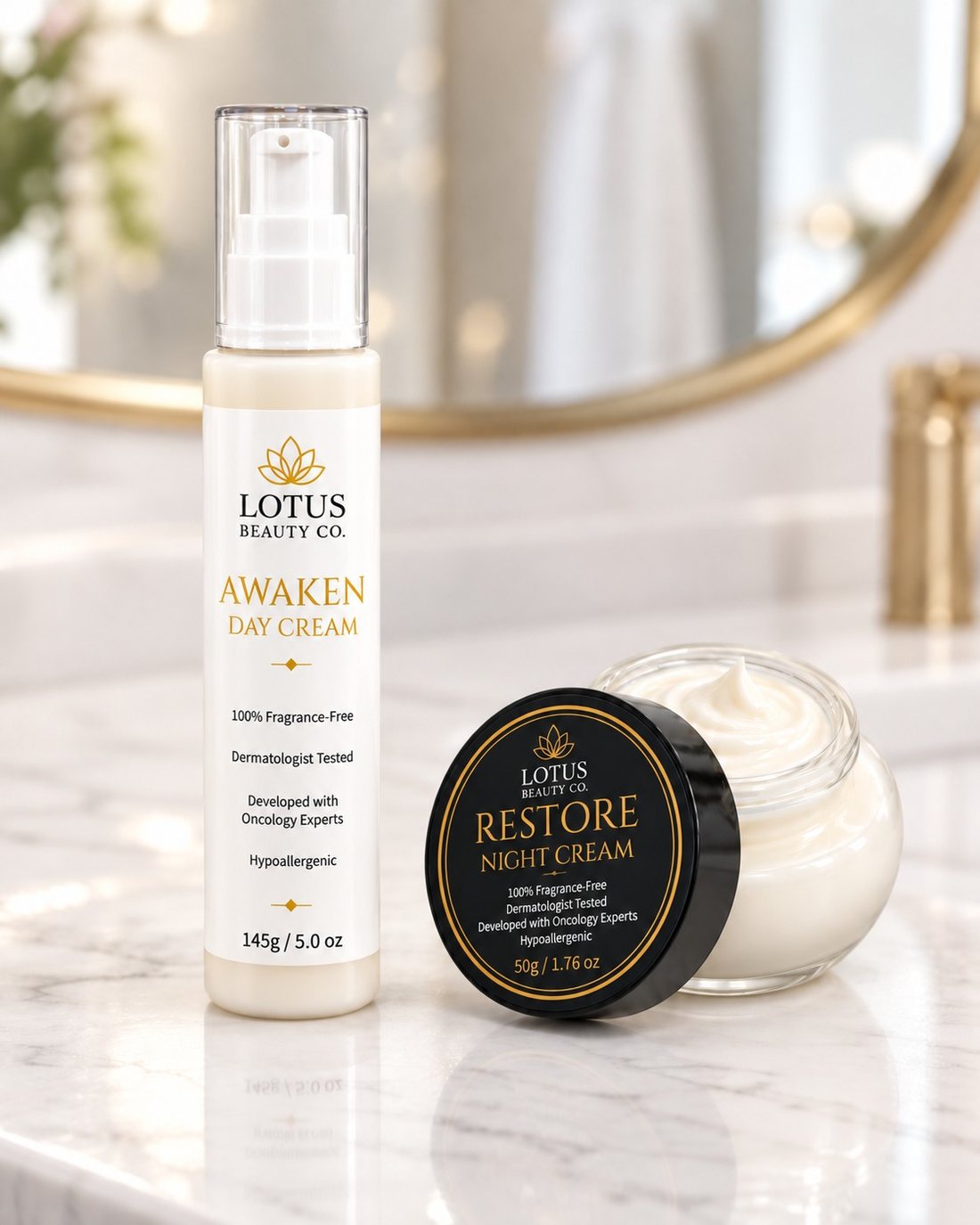 Lotus Beauty day and night creams on a marble vanity