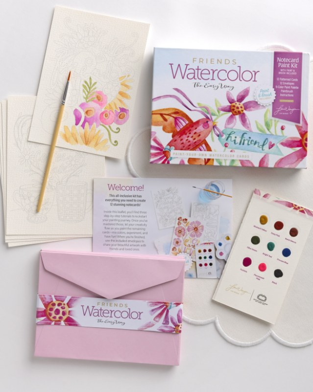A Schiffer Publishing Friends Watercolor kit with paints, brush and painted cards