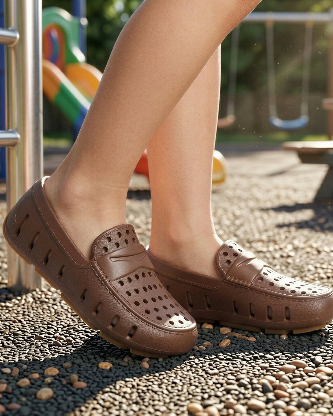 Brown Floafers on a sunny playground