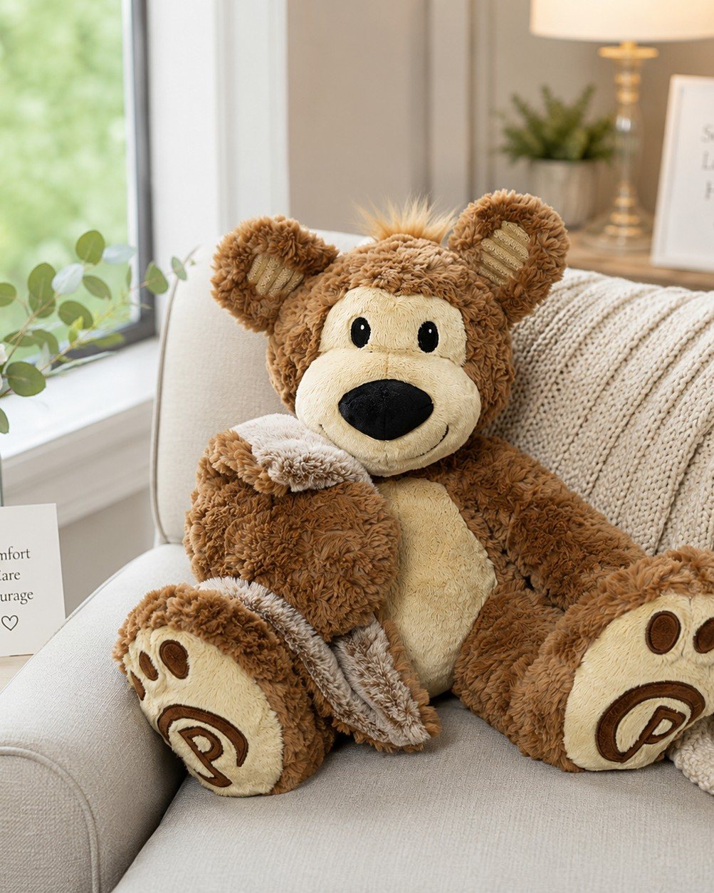 An OrangeOnions teddy bear on a cream sofa by a sunny window
