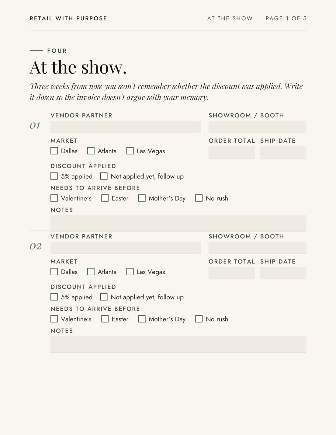 Planner page: At the show, an order card filled in for an example order, with 5% applied ticked