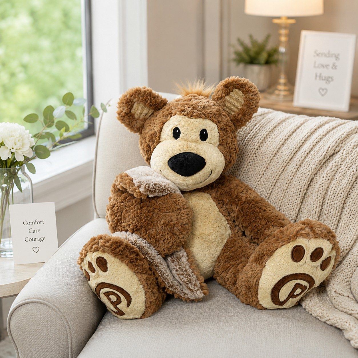 An OrangeOnions teddy bear sitting on a cream sofa by a sunny window
