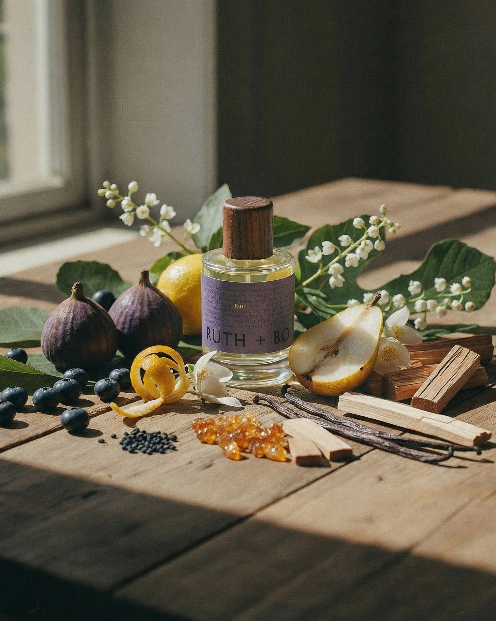 A Ruth + Bo perfume bottle with a wooden cap on a sunlit wooden table, among figs, blueberries, a halved pear, lemon peel, white flowers, vanilla pods and wood pieces