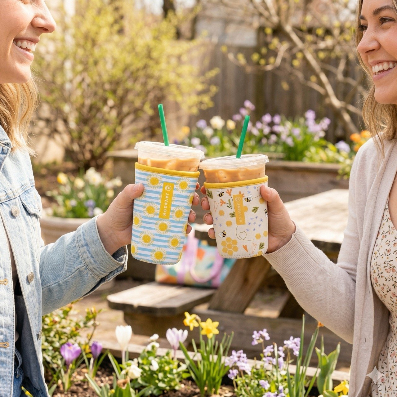 Two friends toasting iced coffees in Sok-It insulated sleeves at a sunny outdoor table