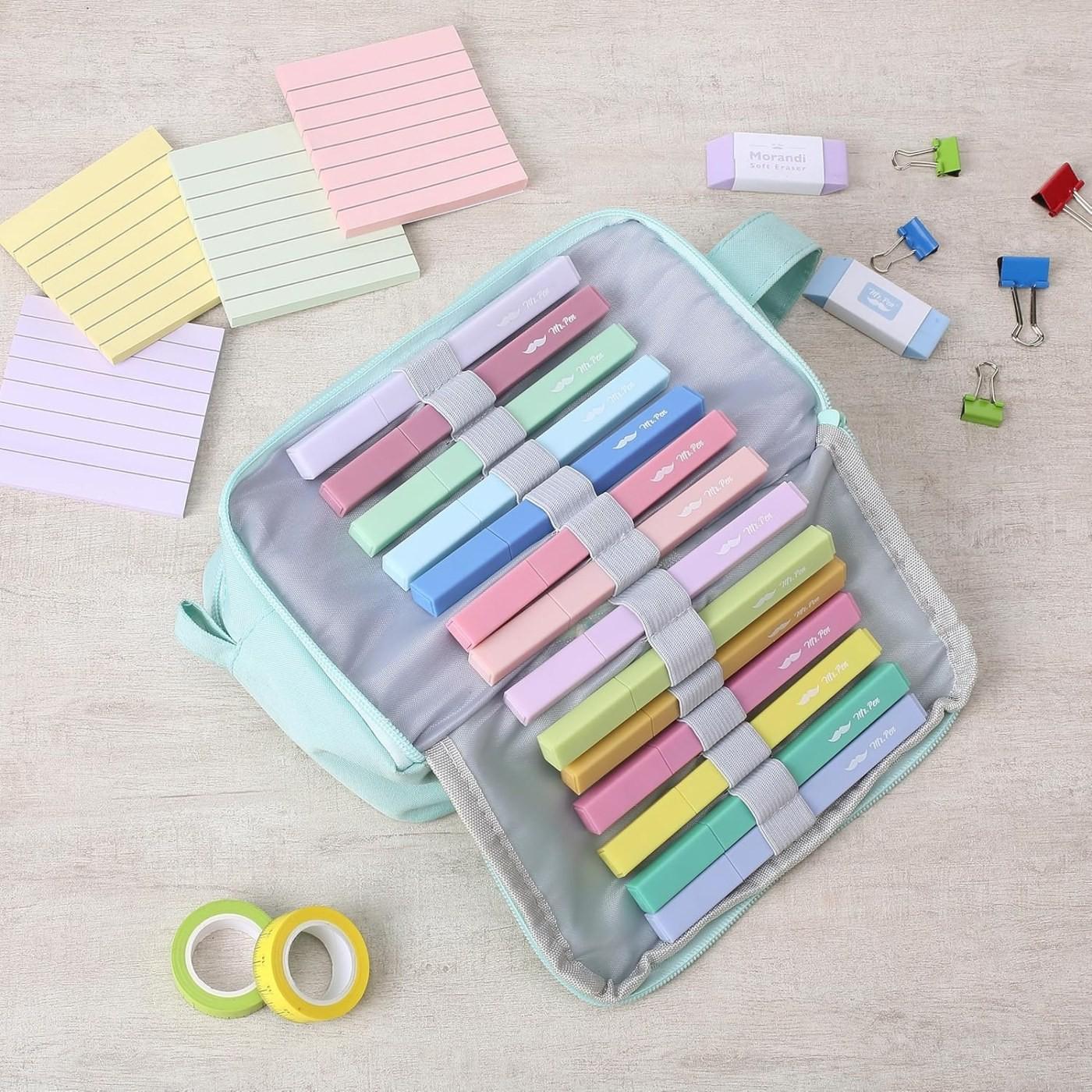 Mr. Pen pastel highlighters in a mint pencil case with sticky notes and washi tape
