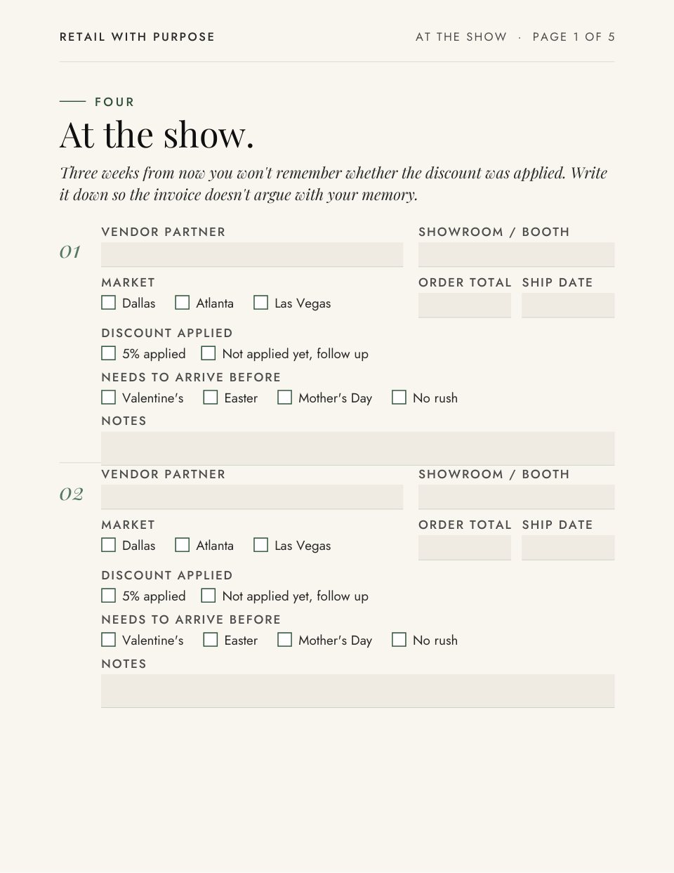 Planner pages 7 to 11: At the show.
