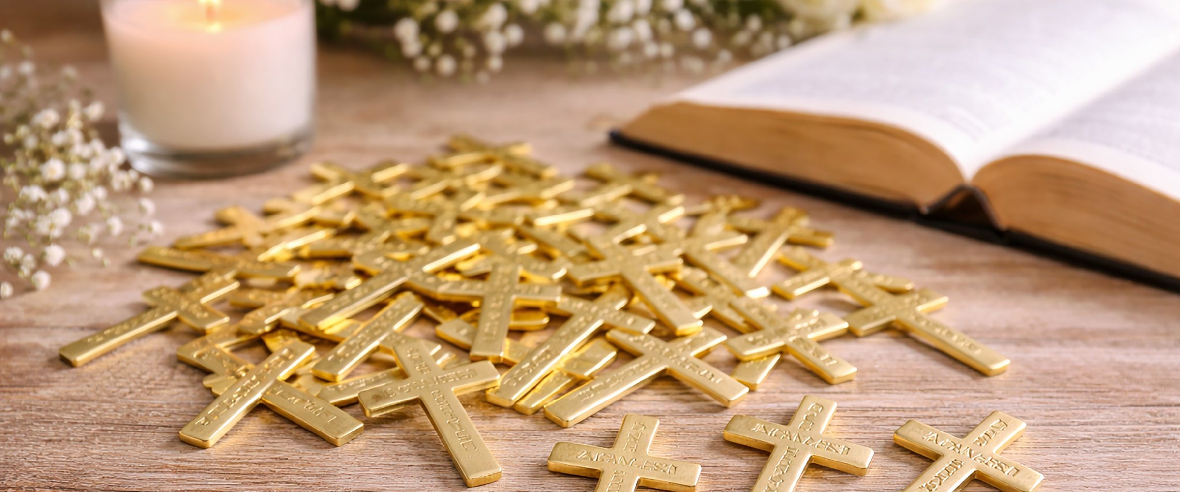 Swanson Christian Products gold cross pocket tokens scattered on a wooden table beside an open book and a candle