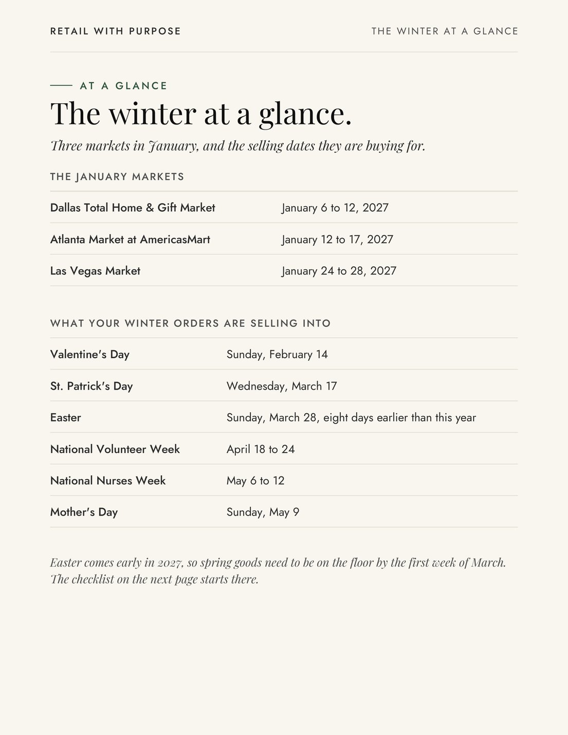 Planner page: the winter at a glance, markets and selling dates