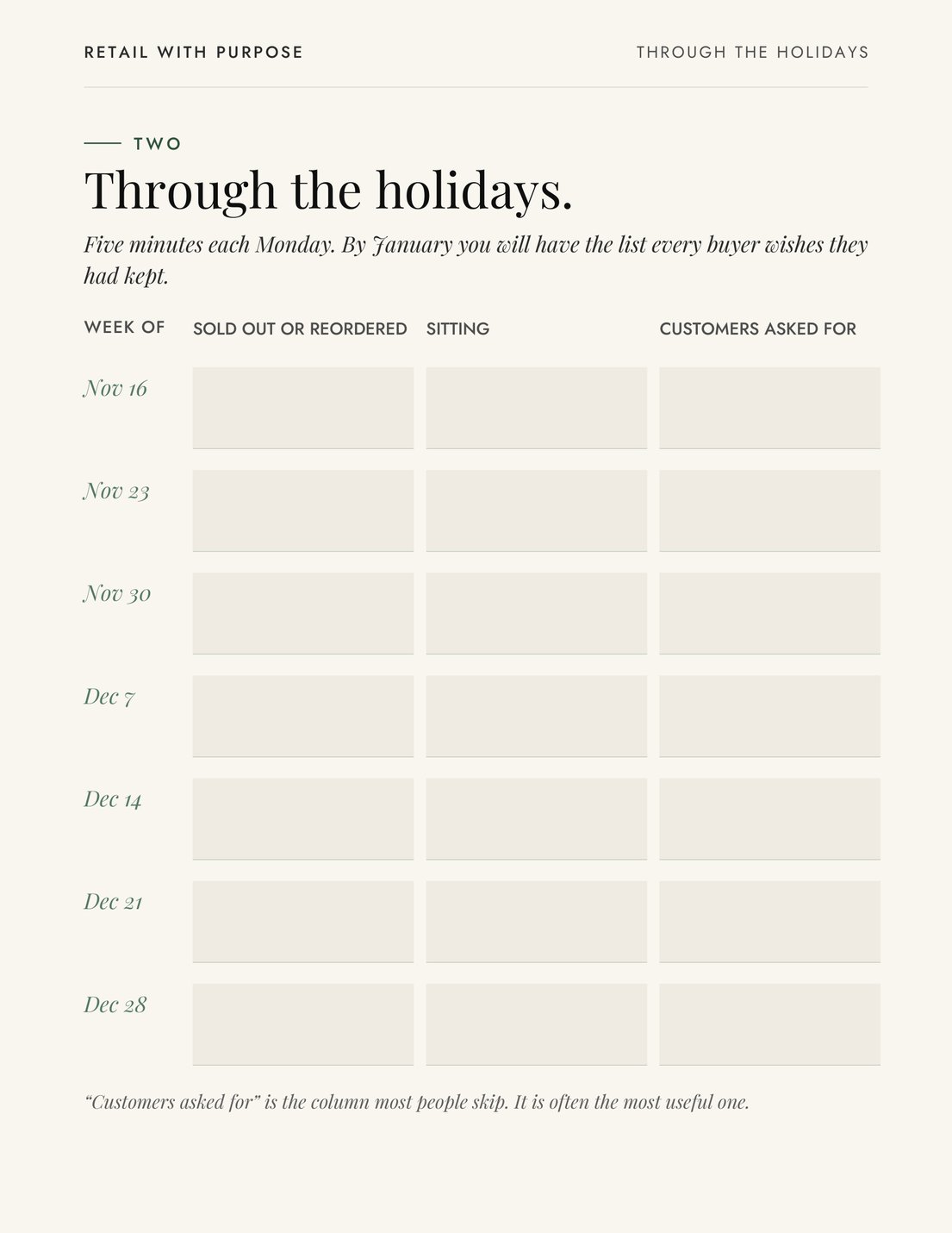 Planner page: a weekly sell-through log through the holidays