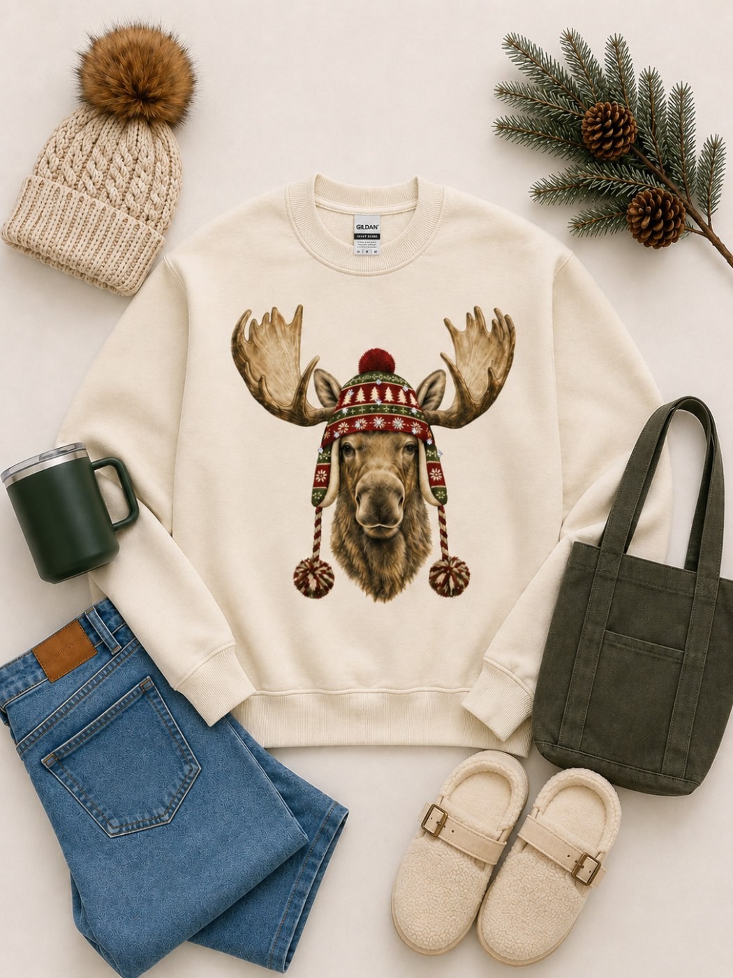 A Sugar Stitch sweatshirt laid flat with a knit hat, jeans and a tote